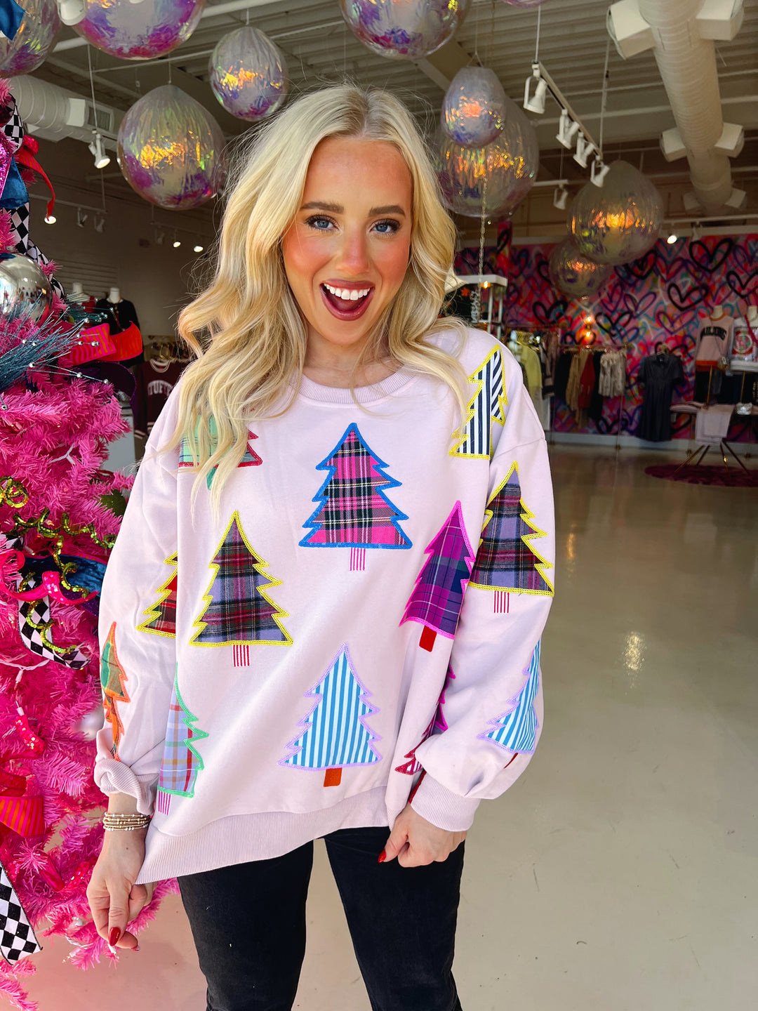 QOS Light Pink Multi Plaid & Stripe Christmas Tree Sweatshirt