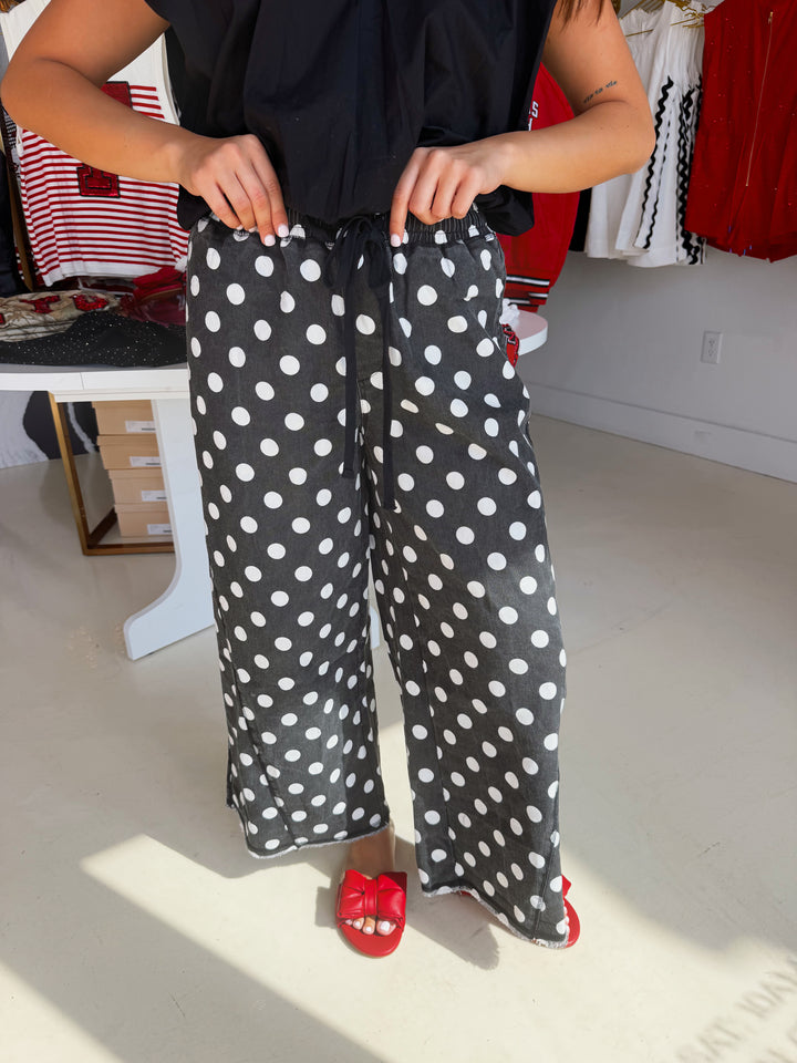 Black Polkadot Raw Hem Wide Leg Pant