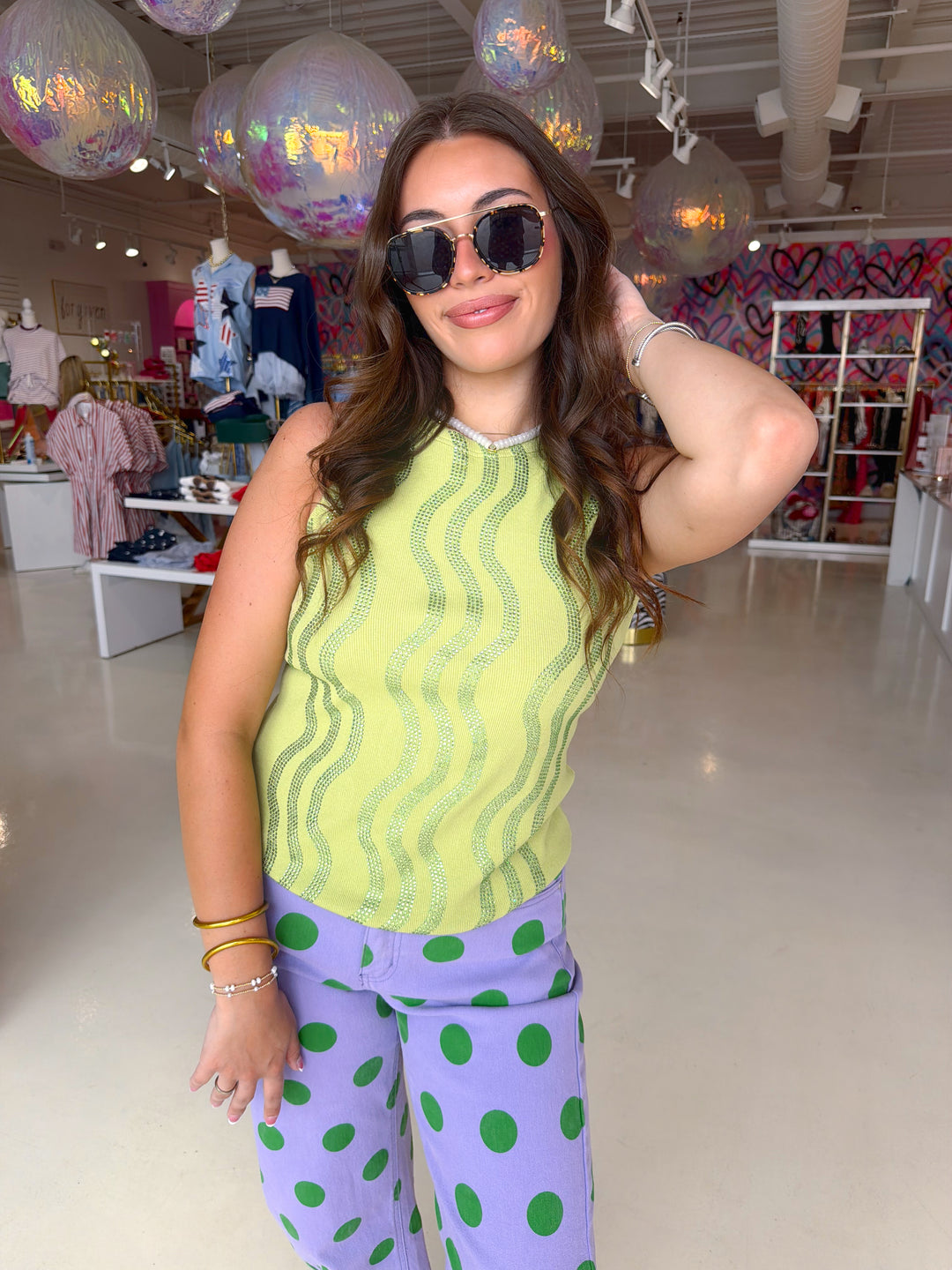 Qos Lime Green Wave Rhinestone Tank Top
