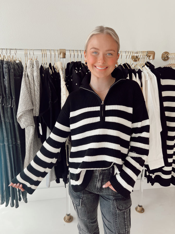 Black/White Striped Half Zip Sweater