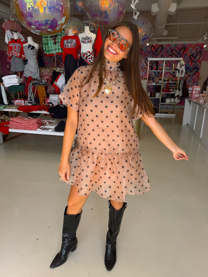 Light Brown & Black Polkadot Sheer Dress