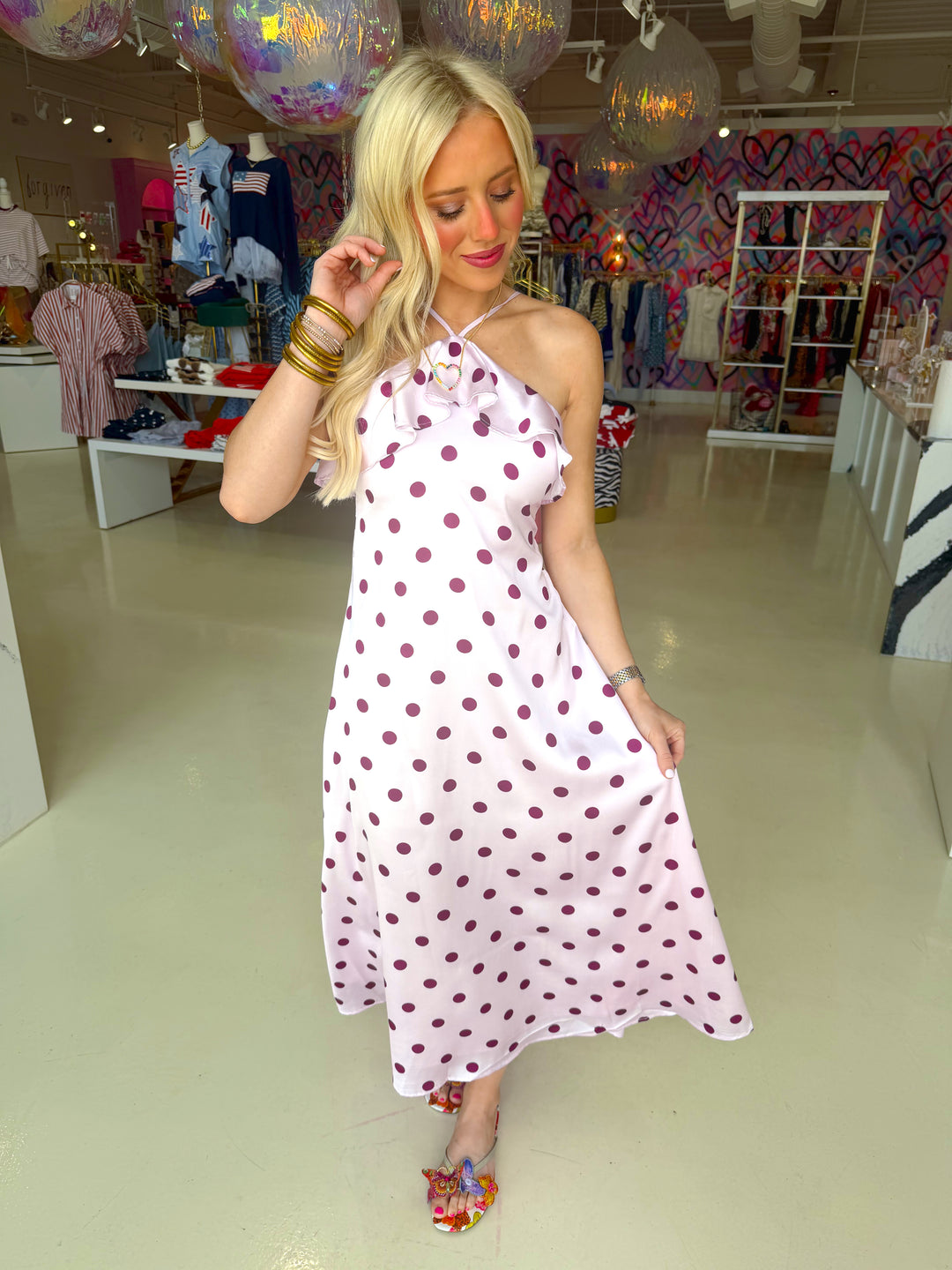 Polka Dot Print Ruffle Trim Slip Midi Dress