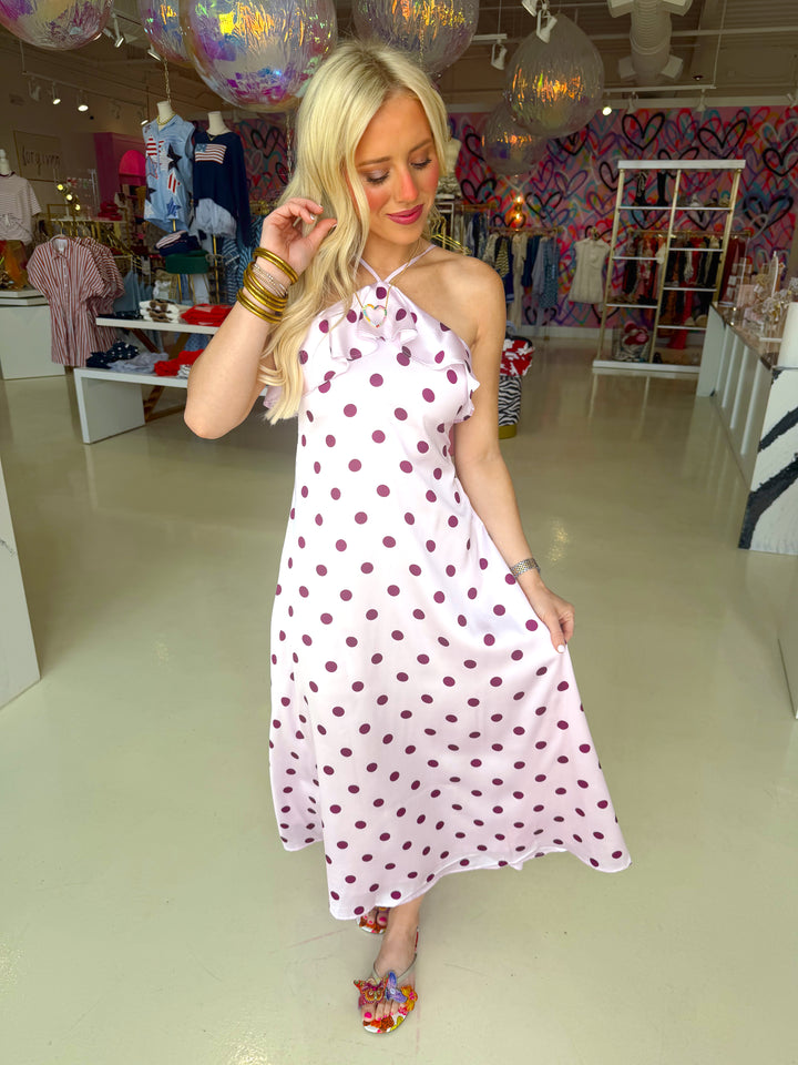 Polka Dot Print Ruffle Trim Slip Midi Dress