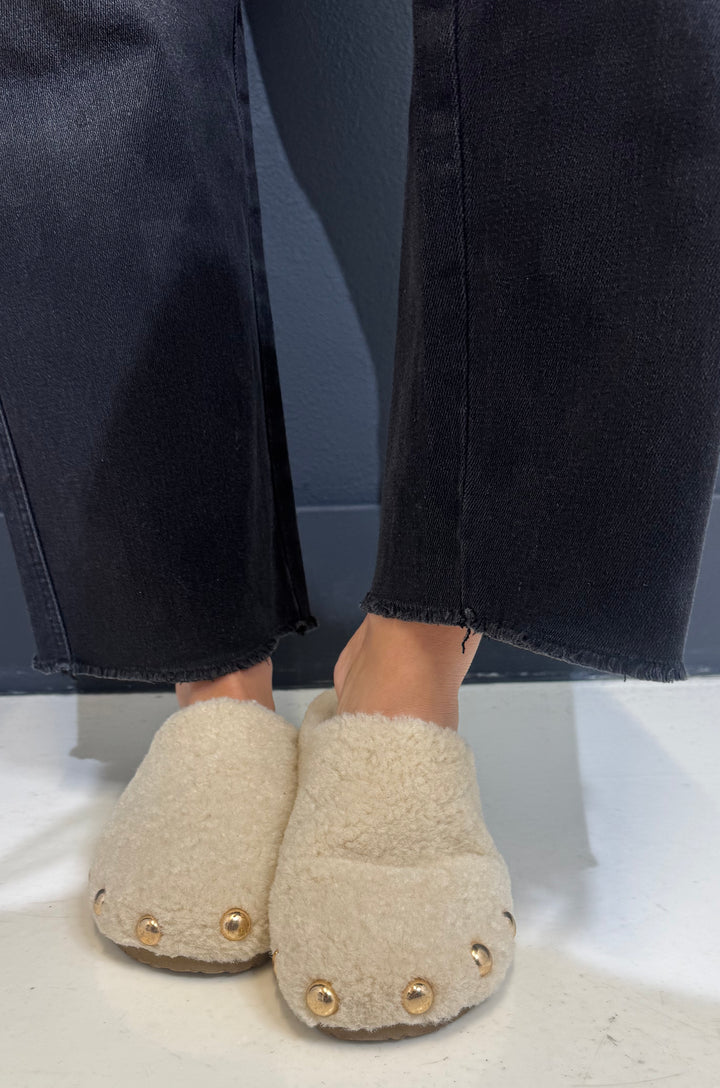 Vintage Havana Fluffy Beige Gold Dome Stud Slip On Shoe