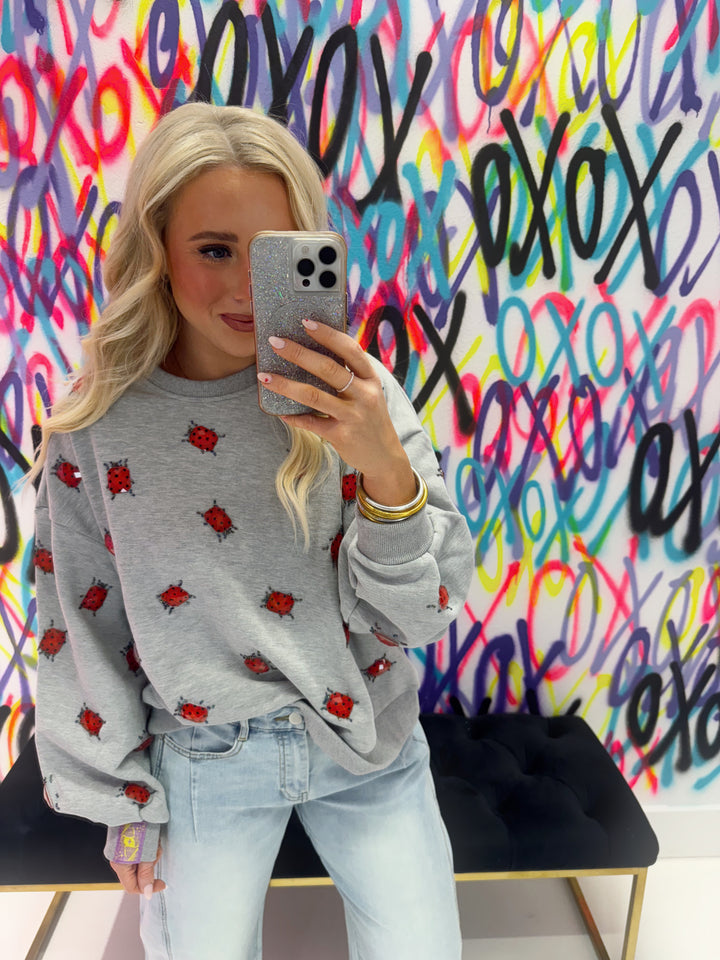 QOS Grey Jewel Lady Bug Sweatshirt