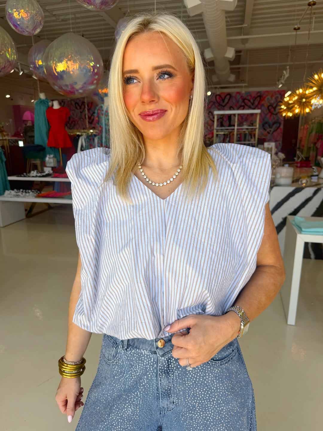 Blue & Brown Striped Poplin Bubble Top