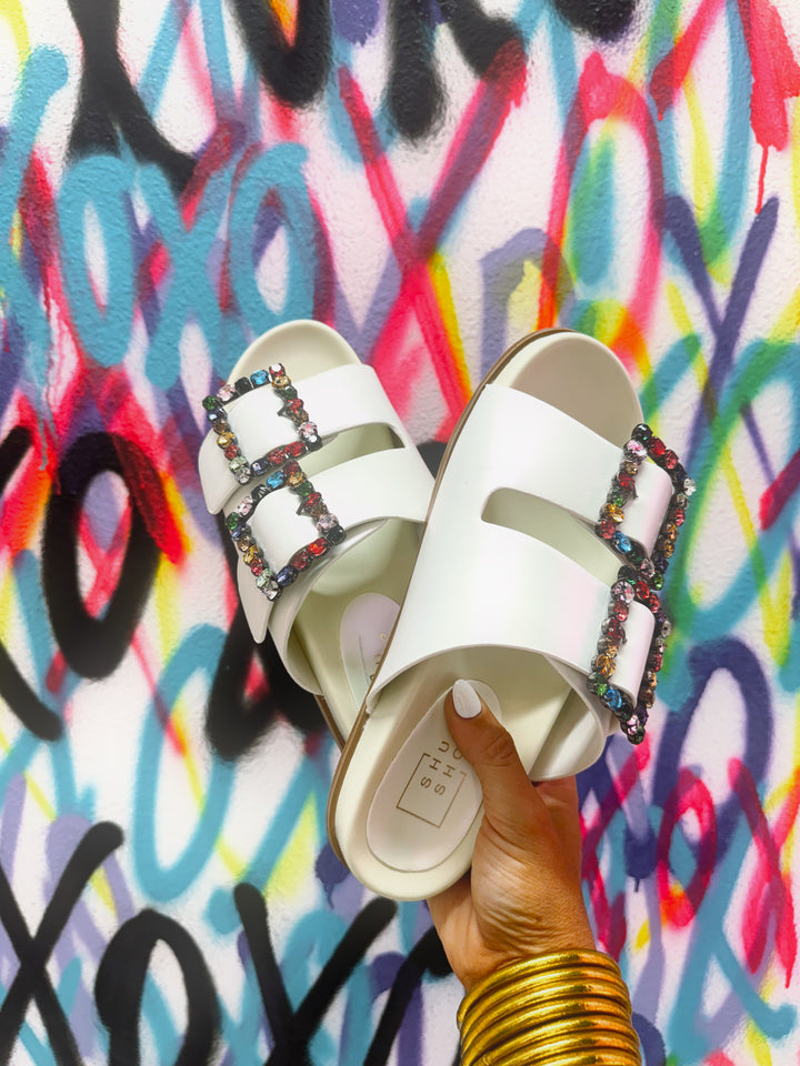 Brittany White Sandal W/ Multi Colored Rhinestones