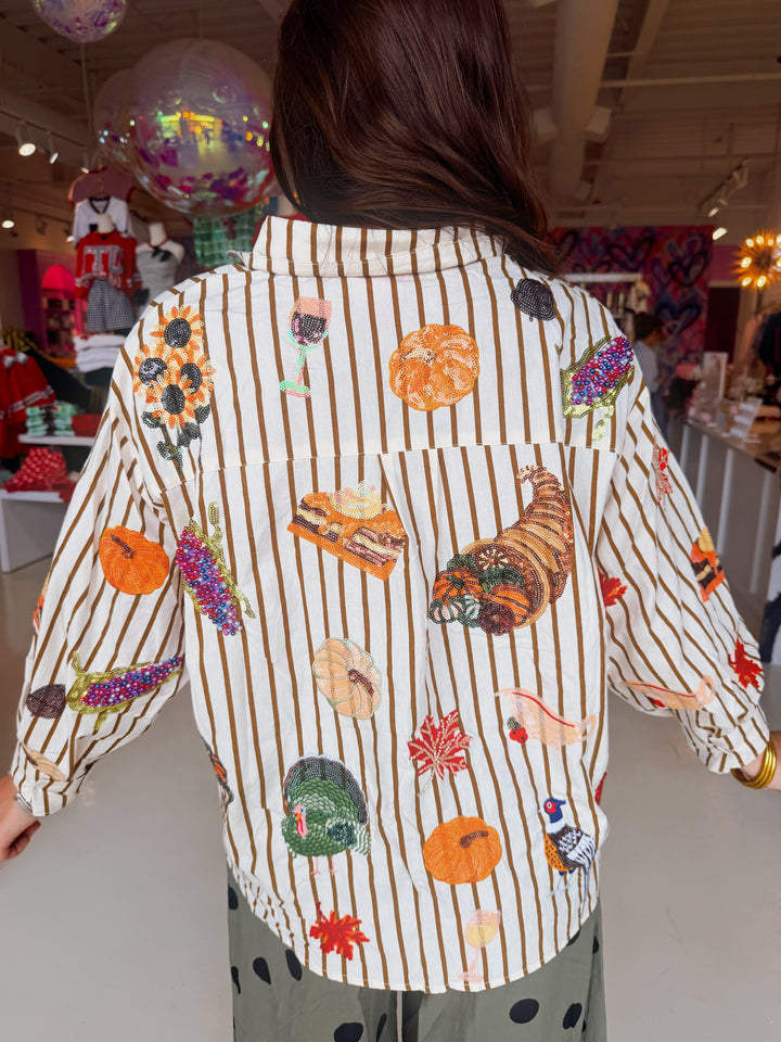 QOS Beige Striped Thanksgiving Icon Button Up Top