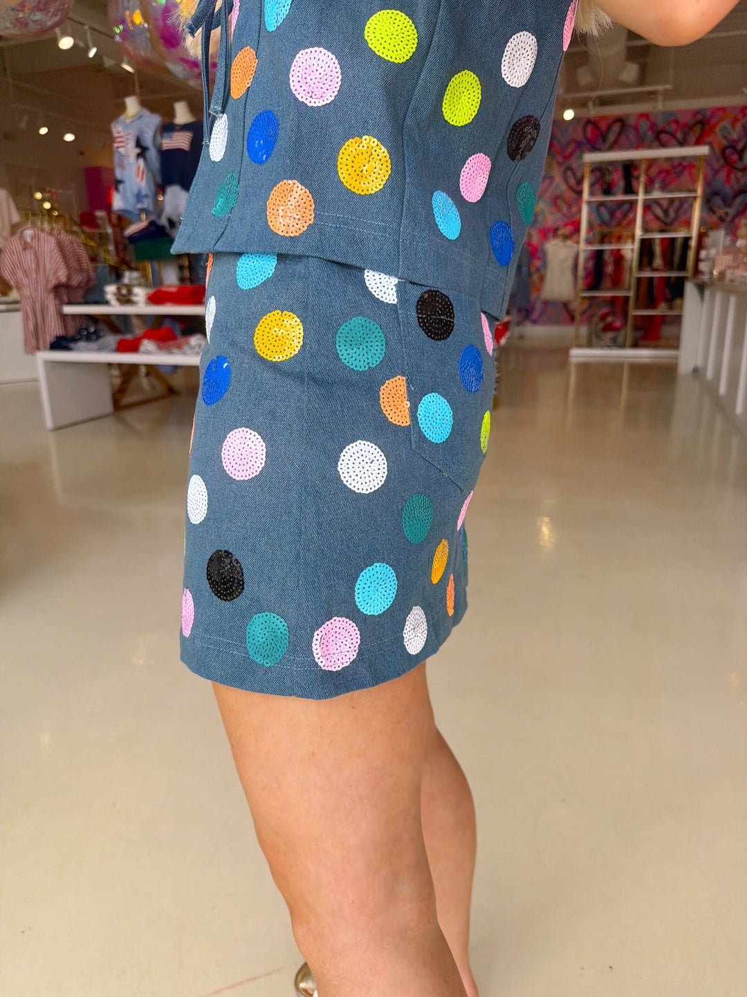 QOS Denim Multi Polka Skirt