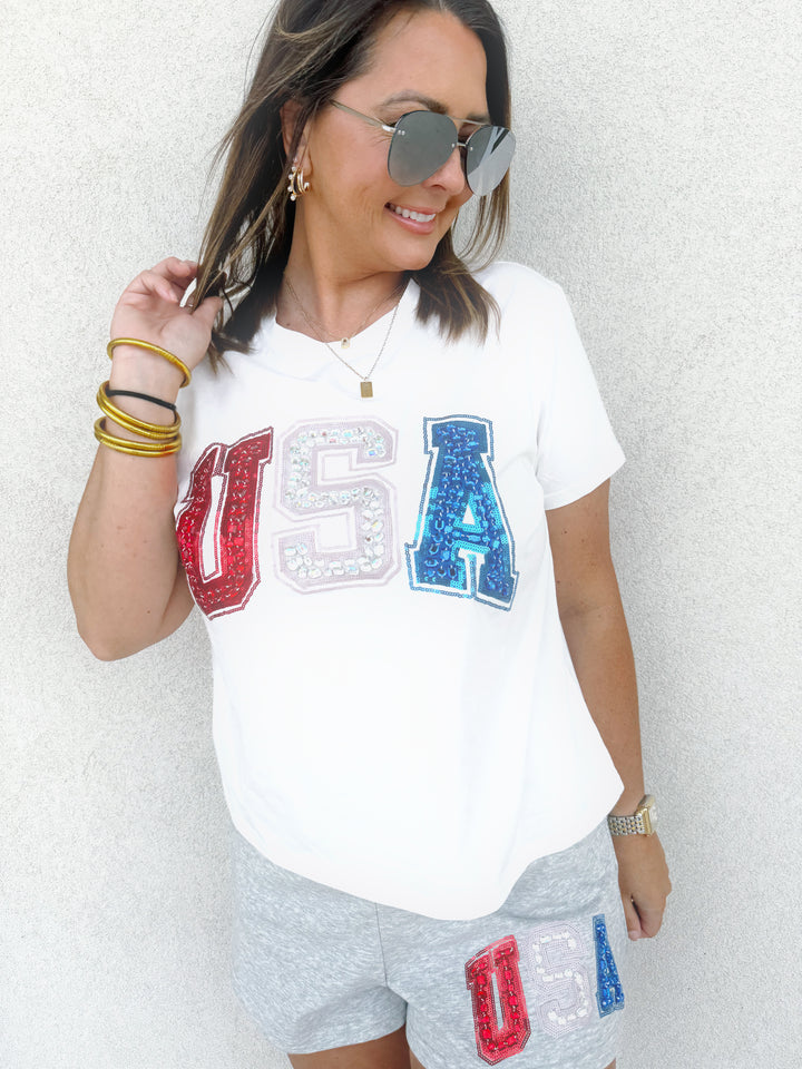 QOS White USA Beaded Tee