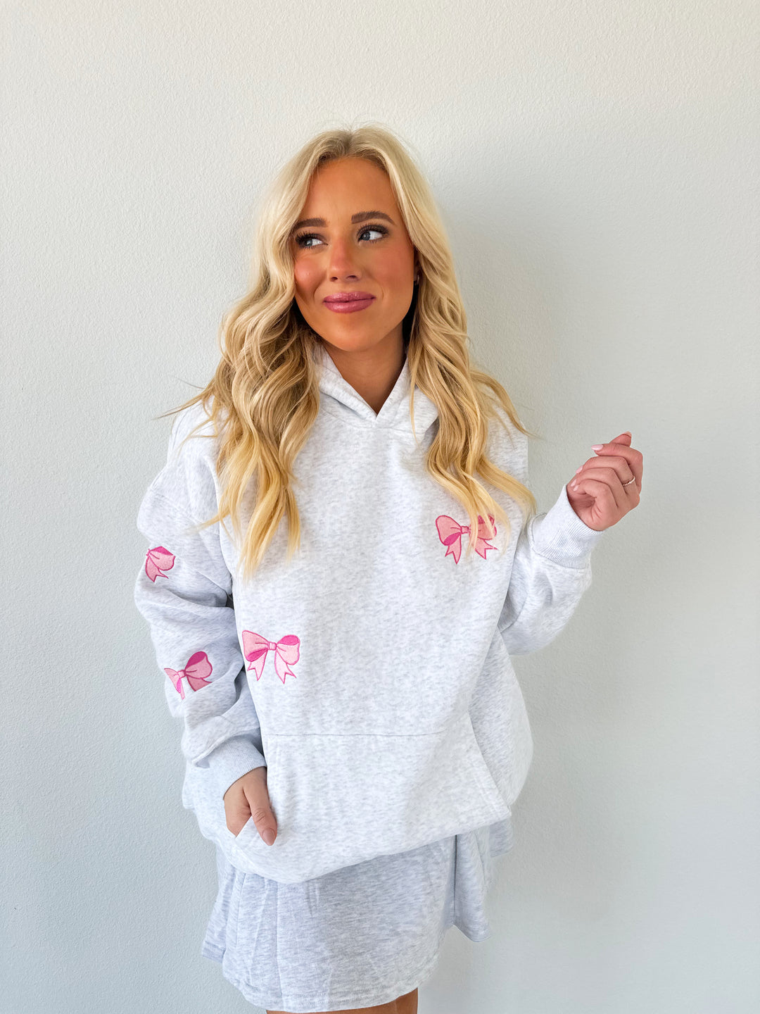 Precious Pink Bows Hoodie in Pearl Grey