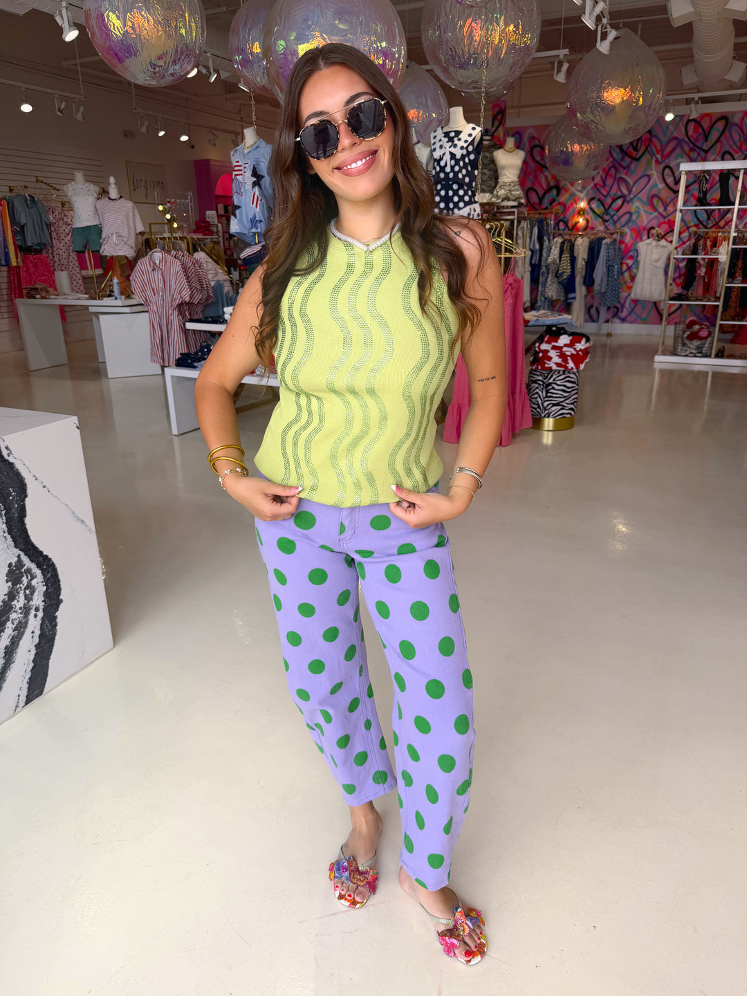 Qos Lime Green Wave Rhinestone Tank Top