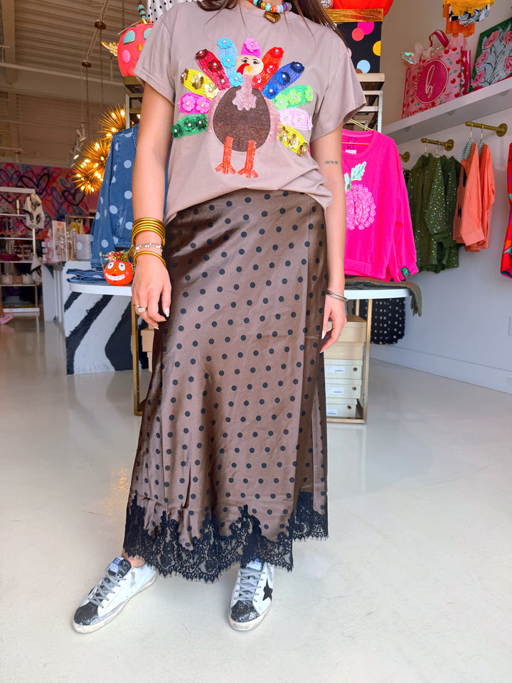 Dark Brown Polkadot Lace Midi Skirt