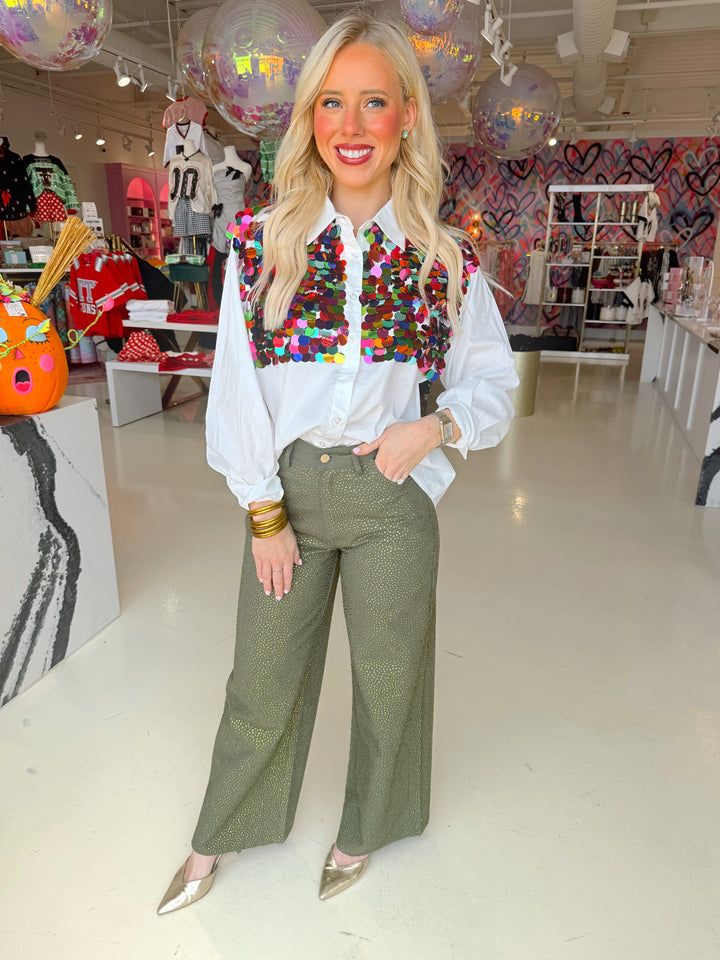 QOS White Multi Color Sequin Button Up Top