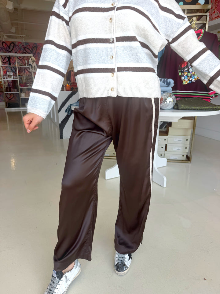 Brown Side Stripe Satin Pants