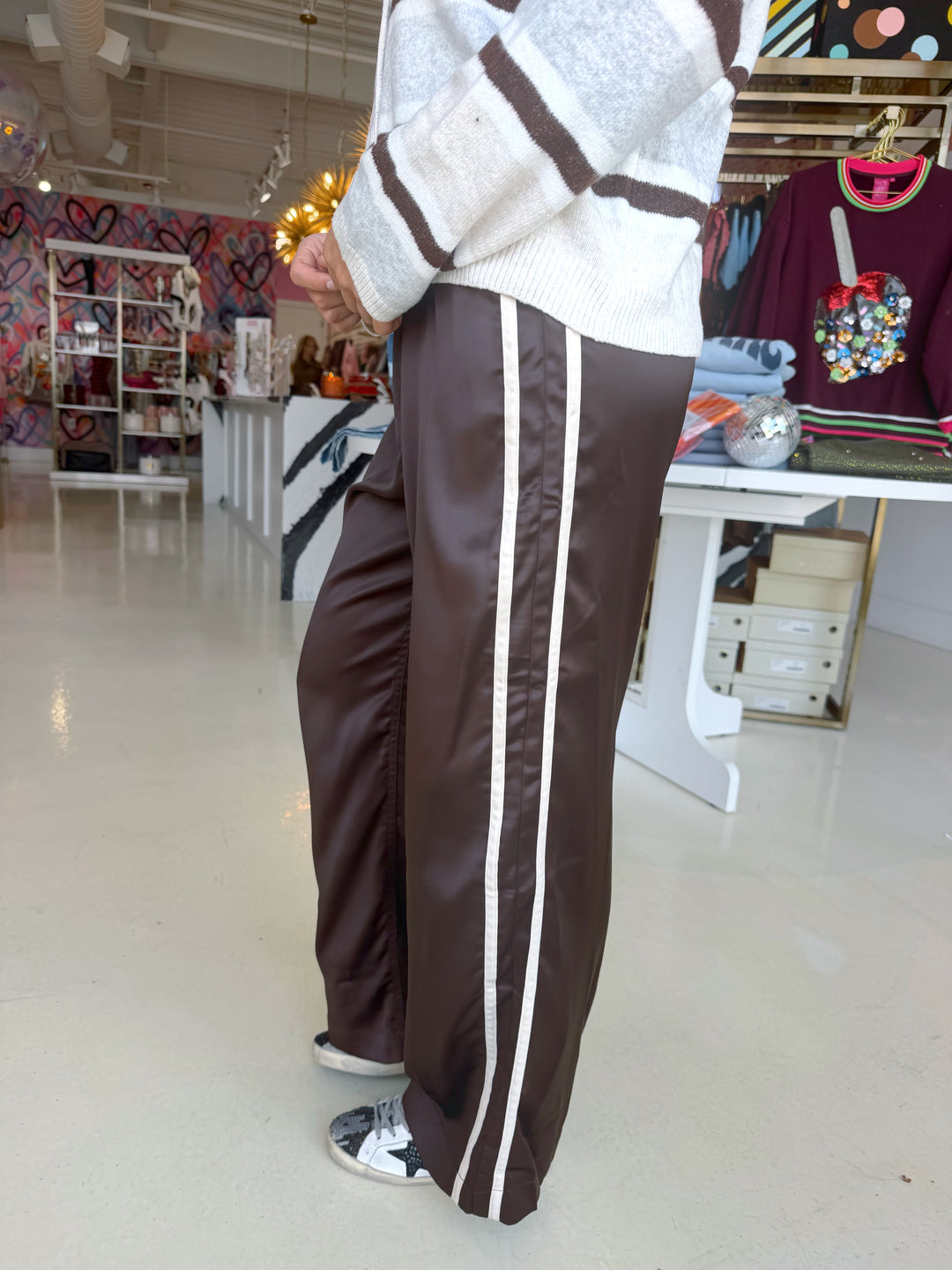 Brown Side Stripe Satin Pants