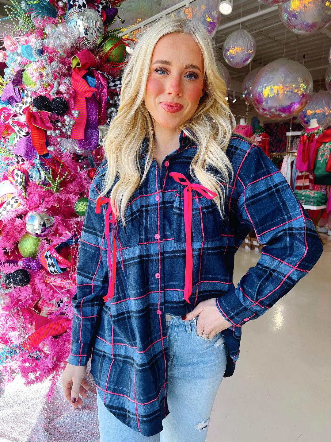 Plaid Ribbon Detail Button Down Top