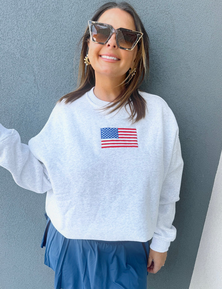 Pearl Gray American Flag Crew Neck Sweatshirt