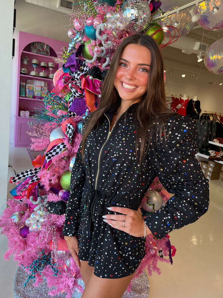 QOS Black Rhinestone Longsleeve Romper