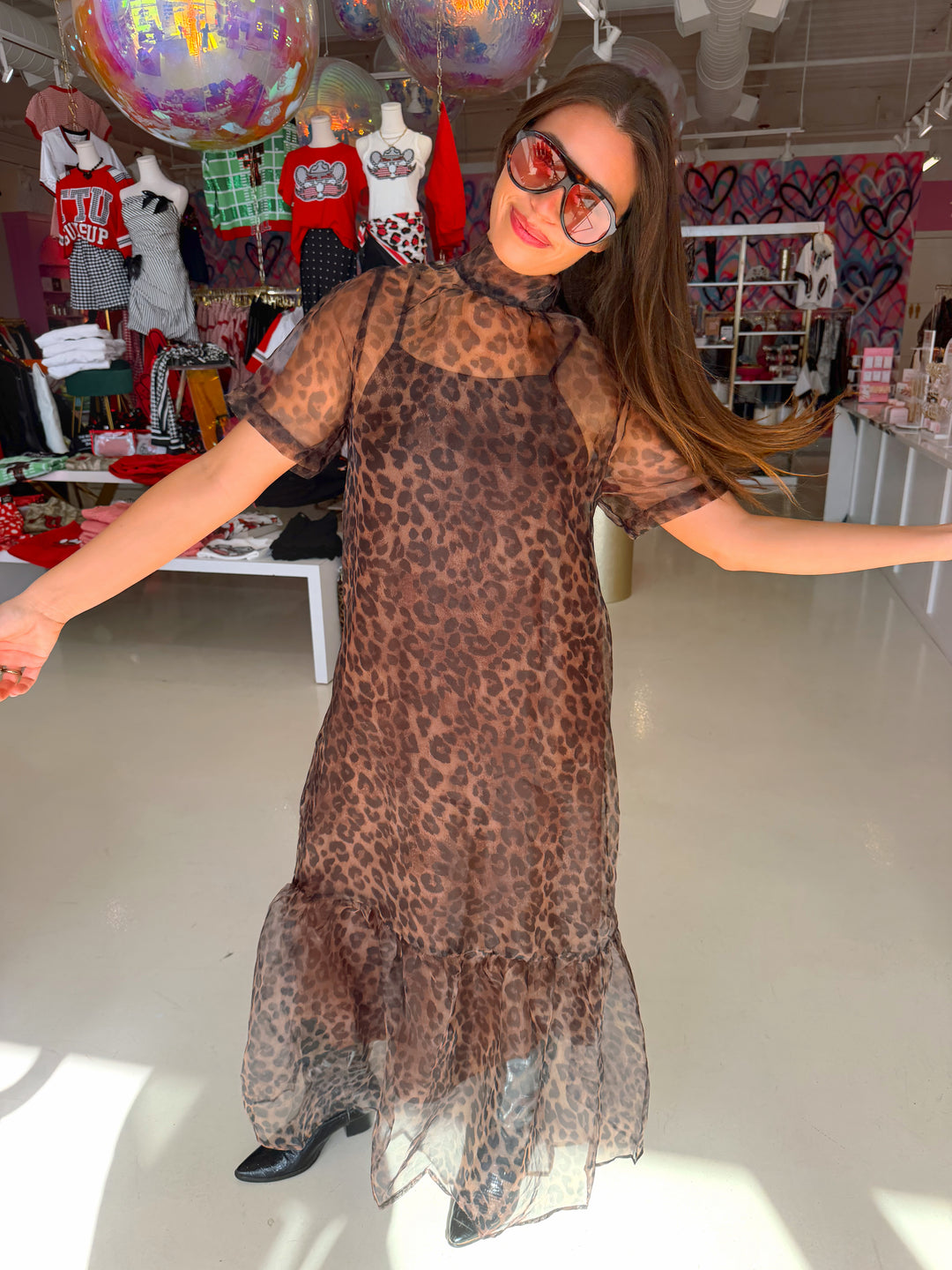 Sheer Brown Leopard Midi Dress