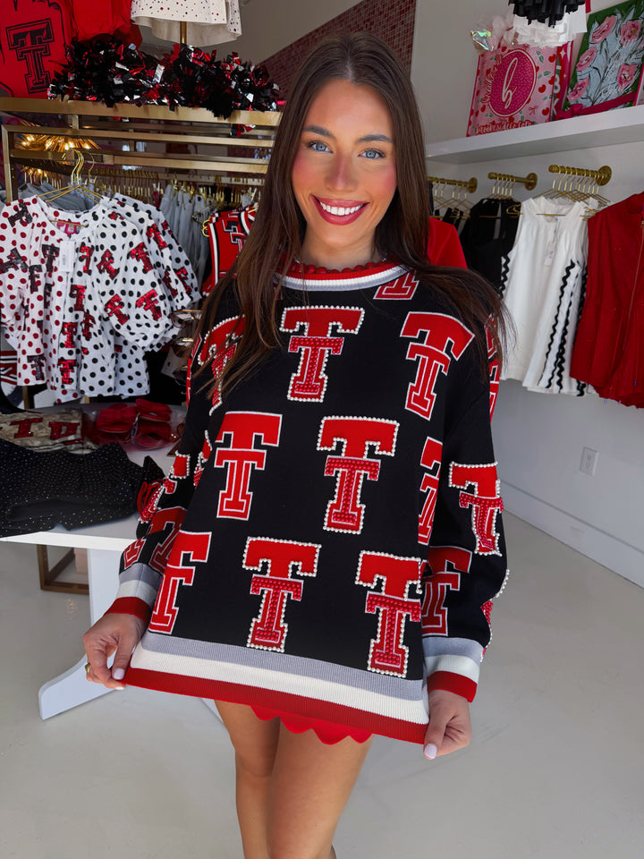 QOS Texas Tech Rhinestone Sport Stripe Sweater