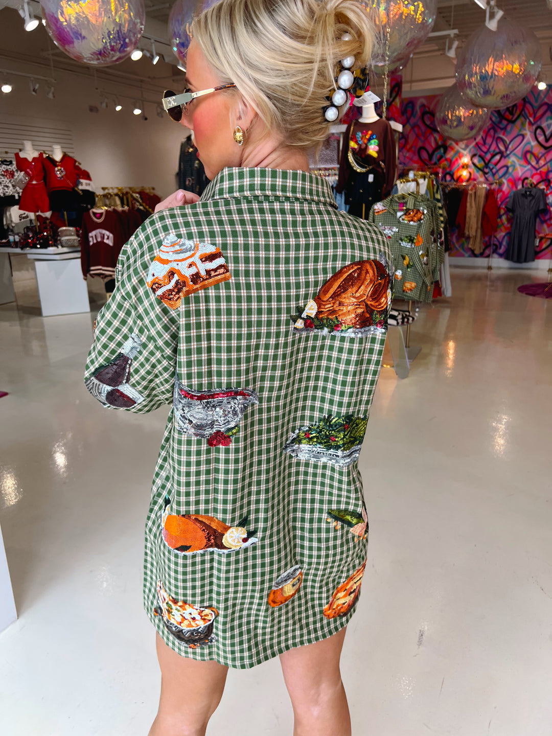 QOS Green Plaid Turkey Button Up Dress