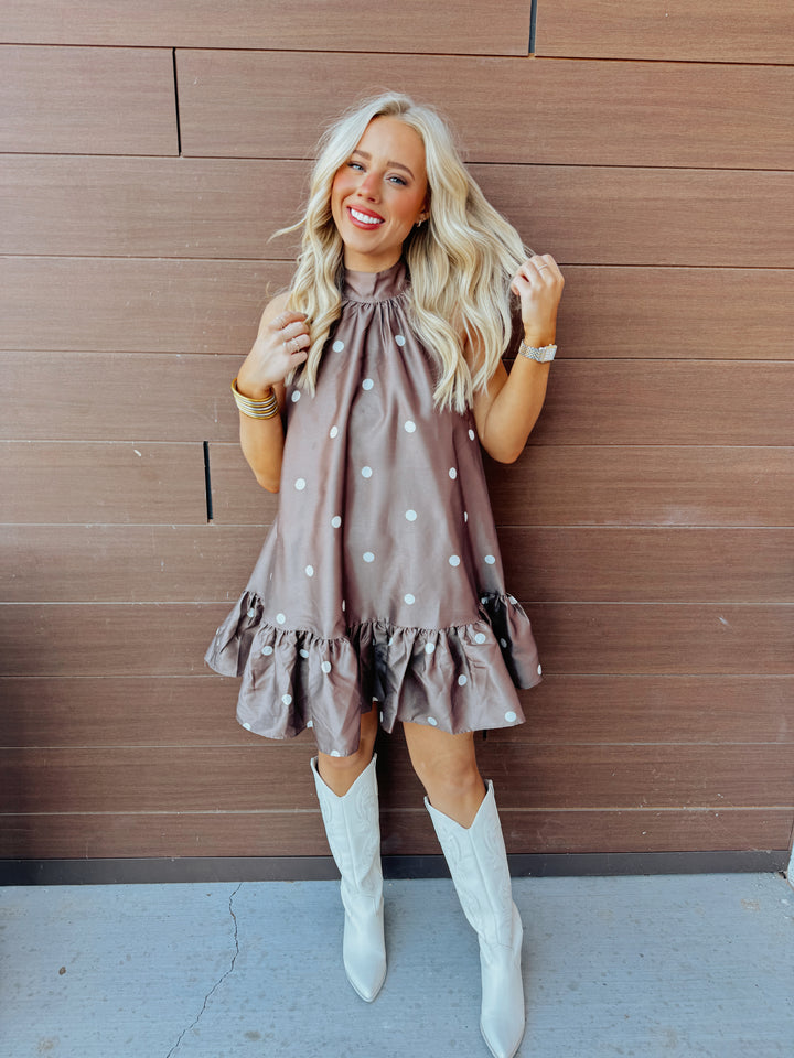 Brown Polka Perfection Halter Dress