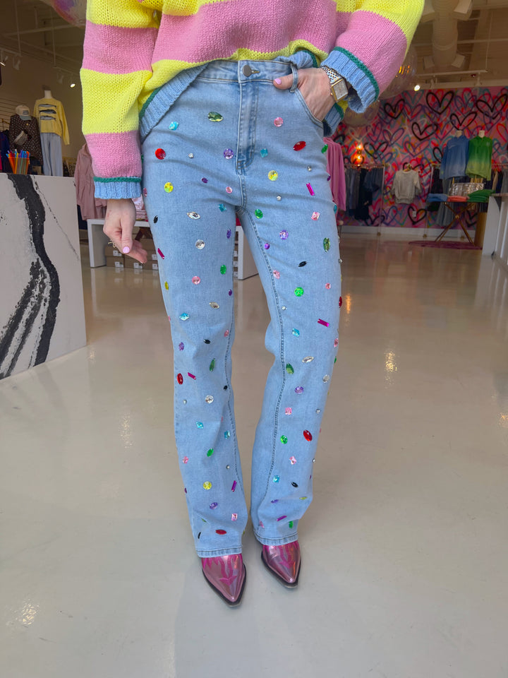 Mid Rise Rainbow Jewel Embellished Denim Jeans