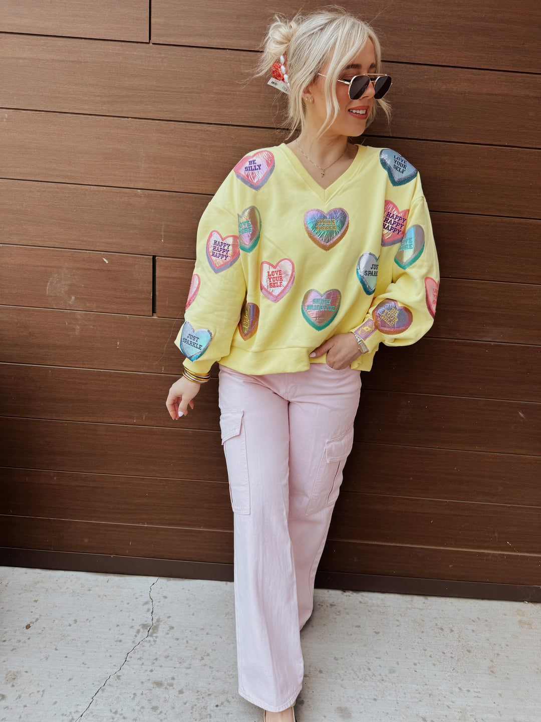 QOS Pale Yellow Positive Candy Hearts V-Neck Sweatshirt