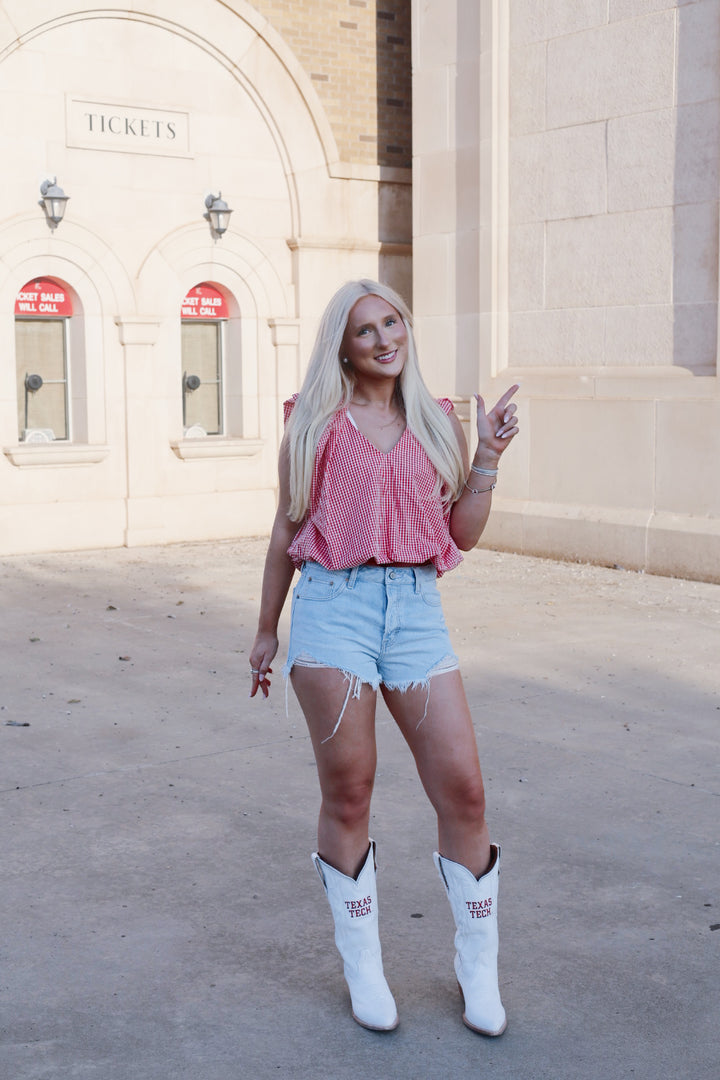Red Checkered Poplin Bubble Top