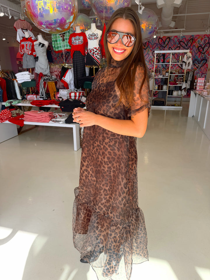 Sheer Brown Leopard Midi Dress