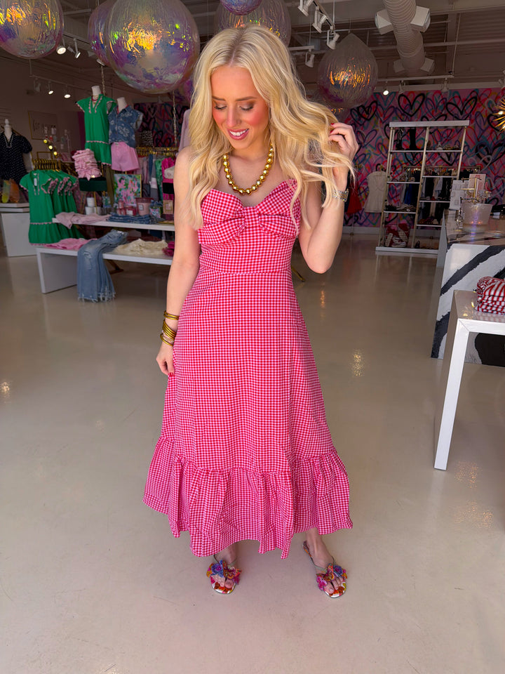 Red Bow Gingham Midi Dress