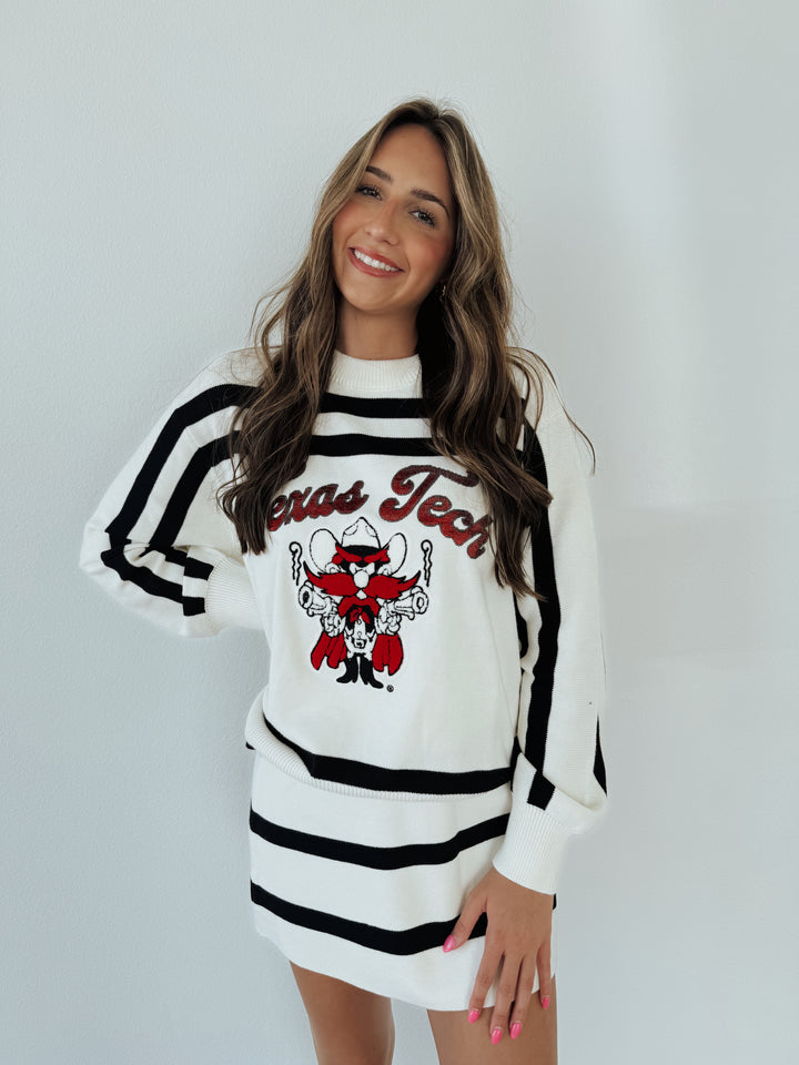 QOS White|Black|Red Texas Tech Striped Longsleeve Sweater