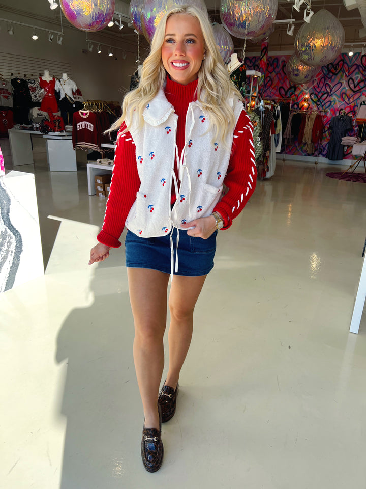 Sweetest Cherry Sherpa Tie Vest W/ Ruffle Collar