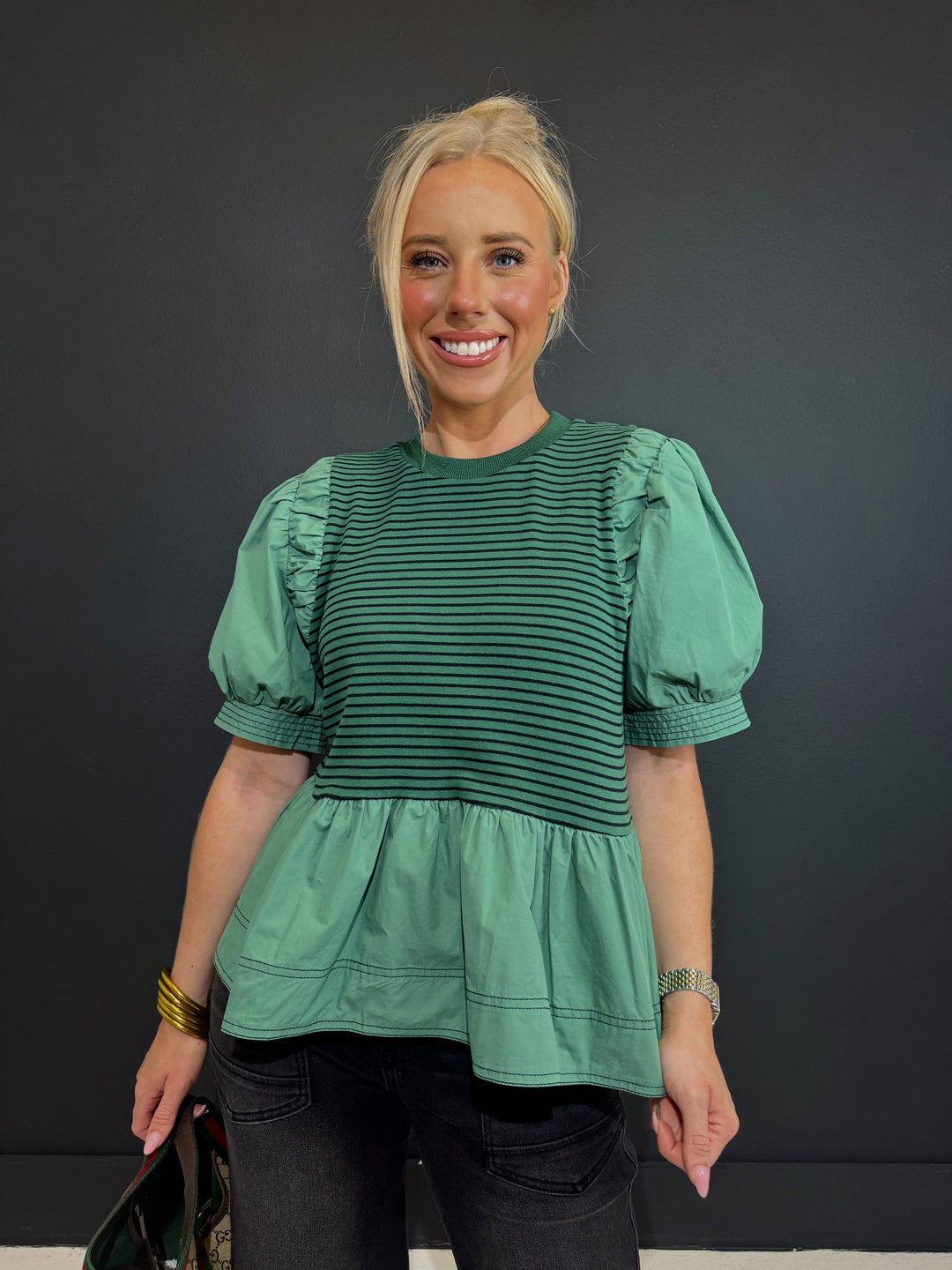 Hello Fall Green Puff Top