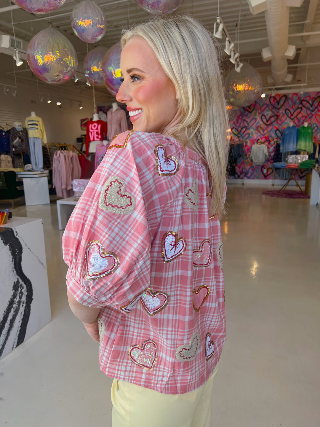 Light Pink & White Plaid Heart Button Down