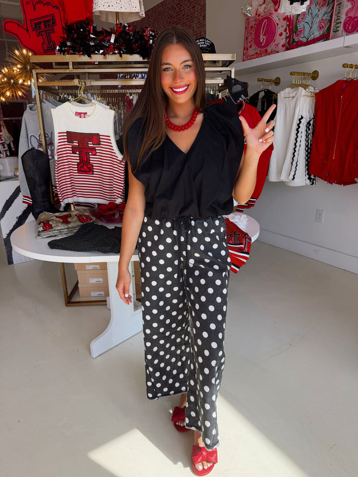 Black Poplin V Neck Bubble Top