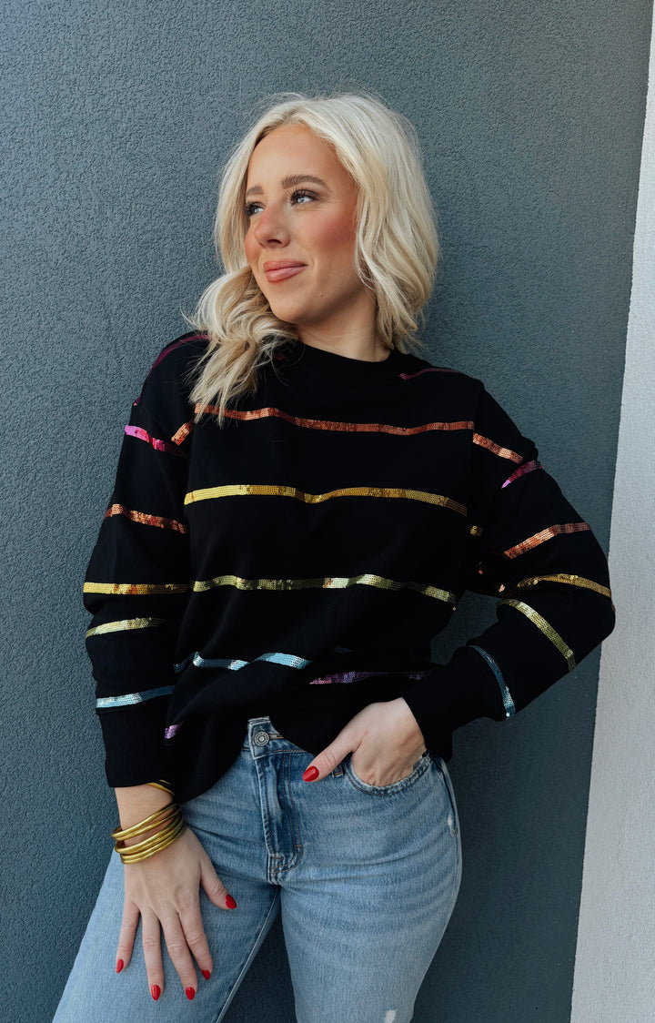 Black Rainbow Sequin Stripe Sweatshirt