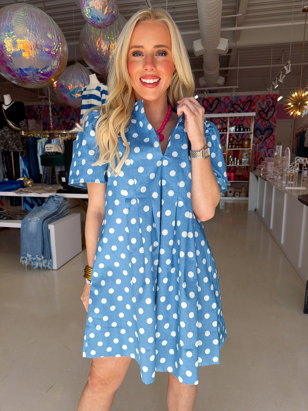 Fun Girl Denim Polka Dot Dress