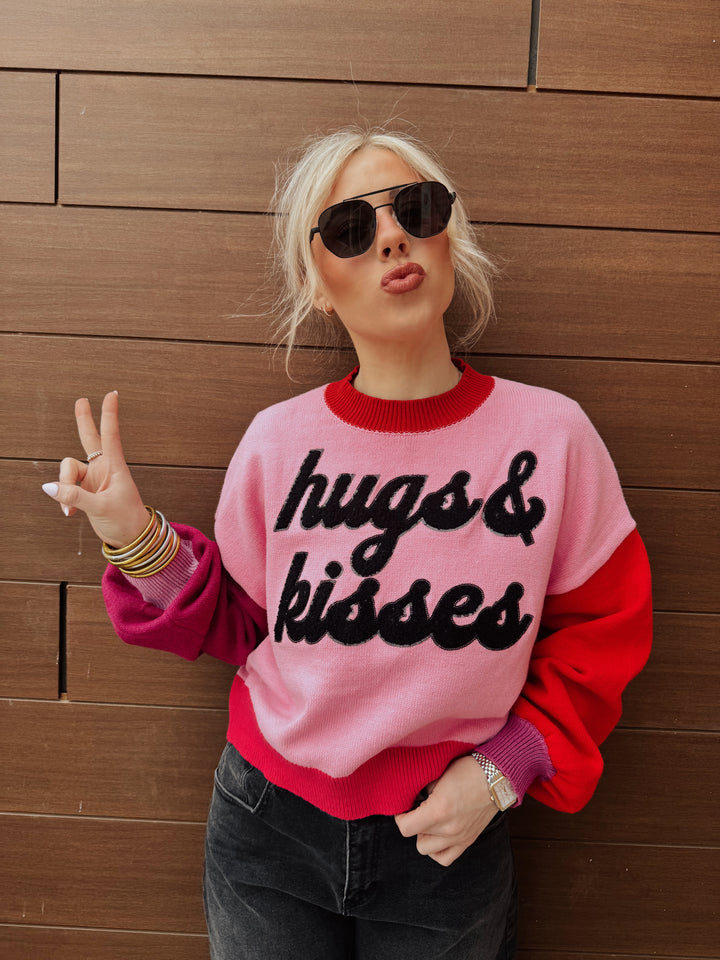 QOS Pink Colorblock Hugs & Kisses Sweater