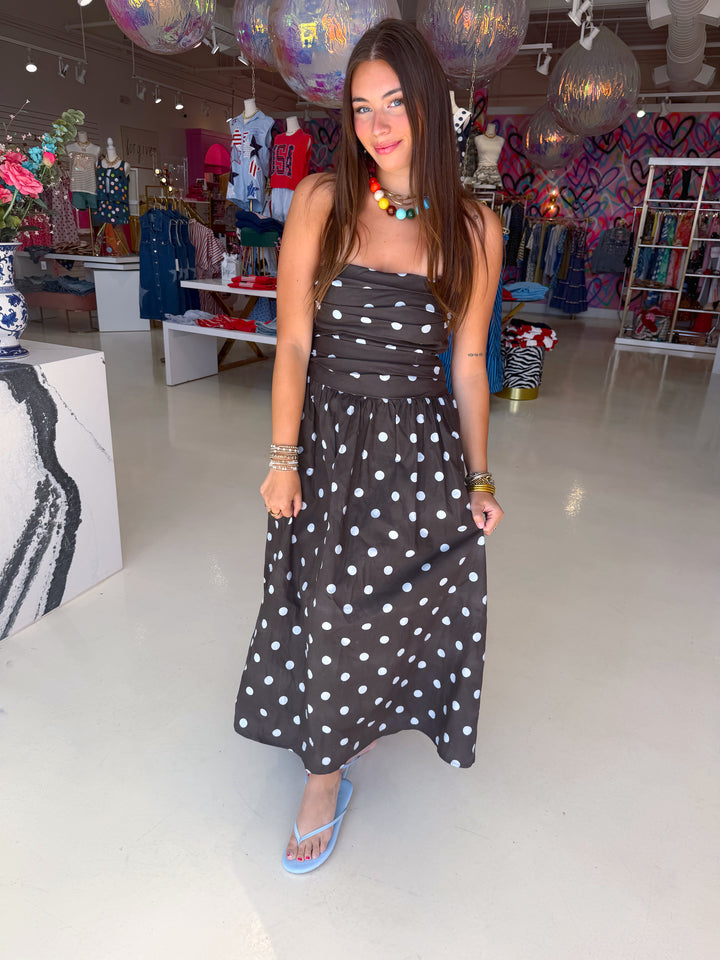 Brown and Blue Polkadot Midi Dress