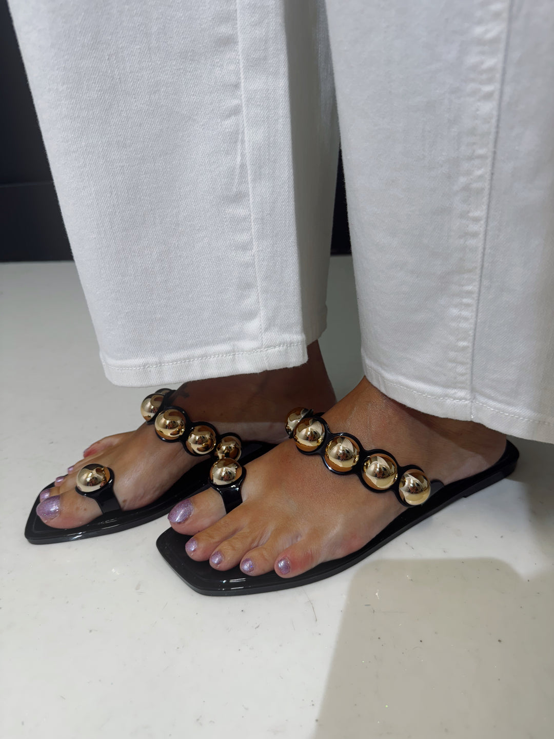 Black Ring Toe Studded Strap Jelly Sandals