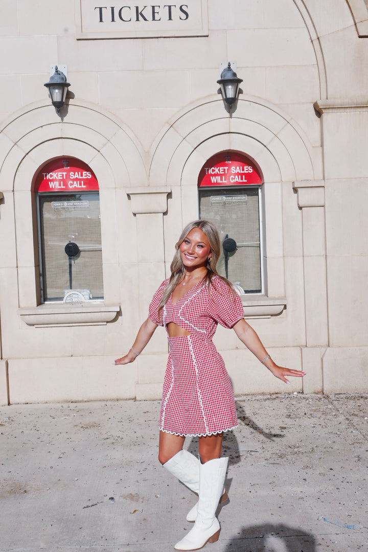 Red Gingham V Neck Mini Dress