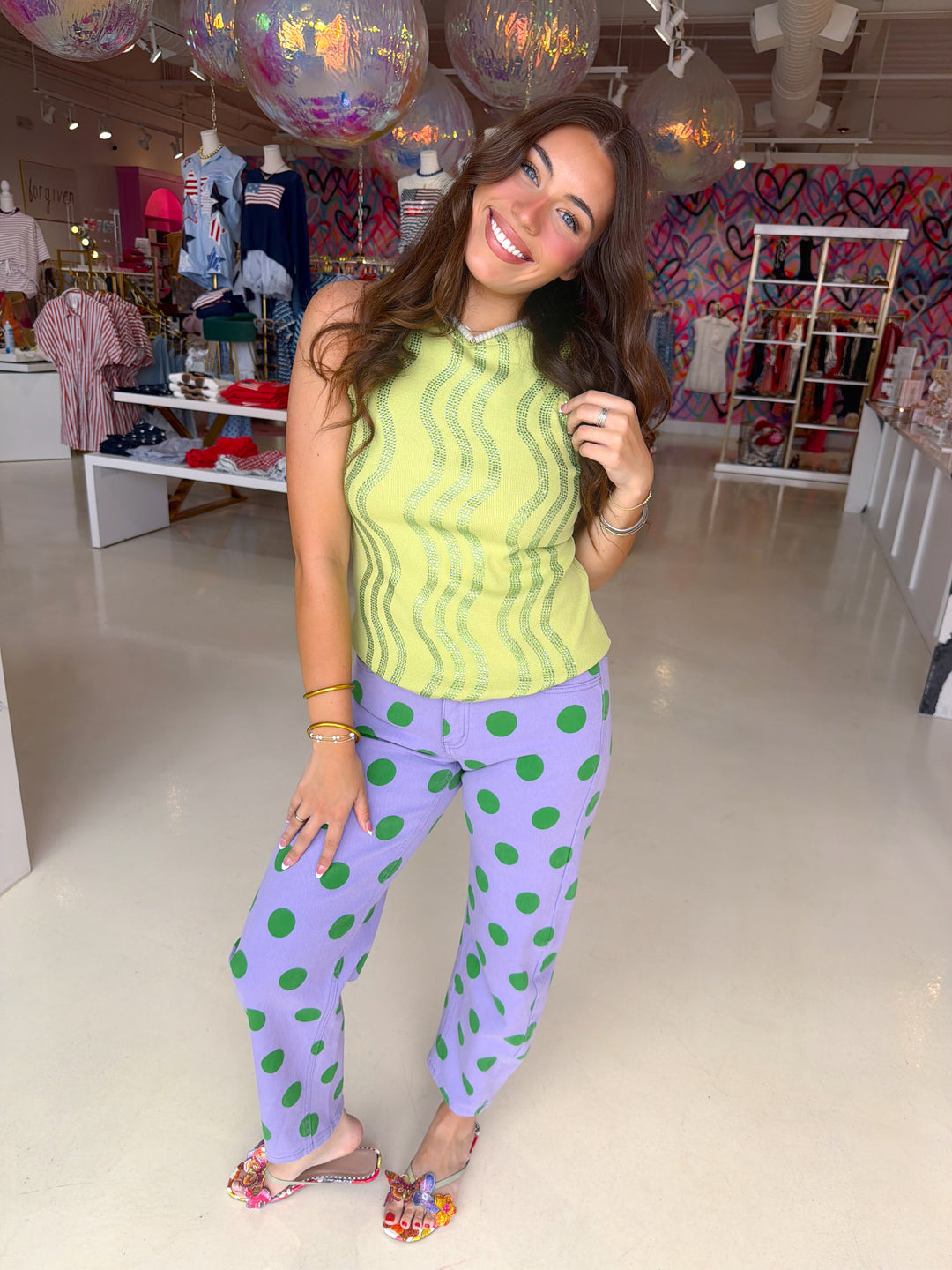 Qos Lime Green Wave Rhinestone Tank Top