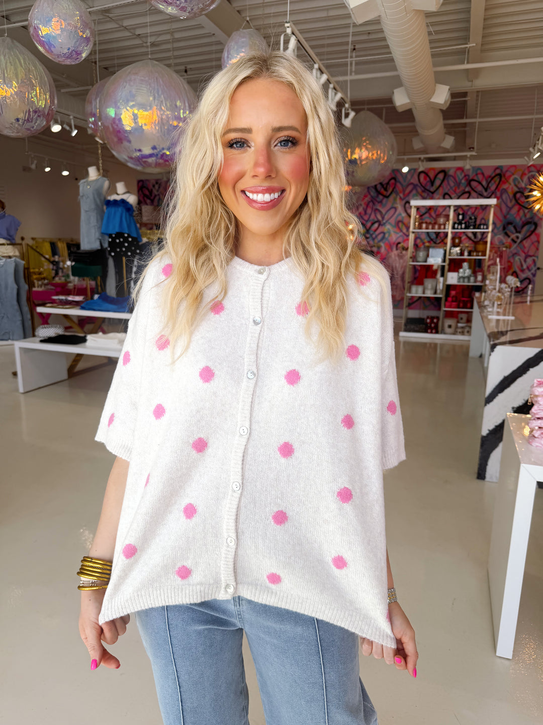 Pink Polka Dot Sweater Cardigan