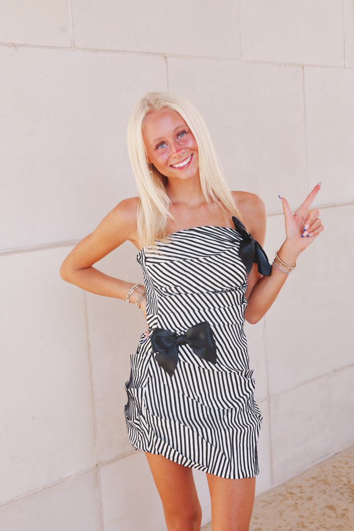 Black Striped Tube Mini Dress With Bow