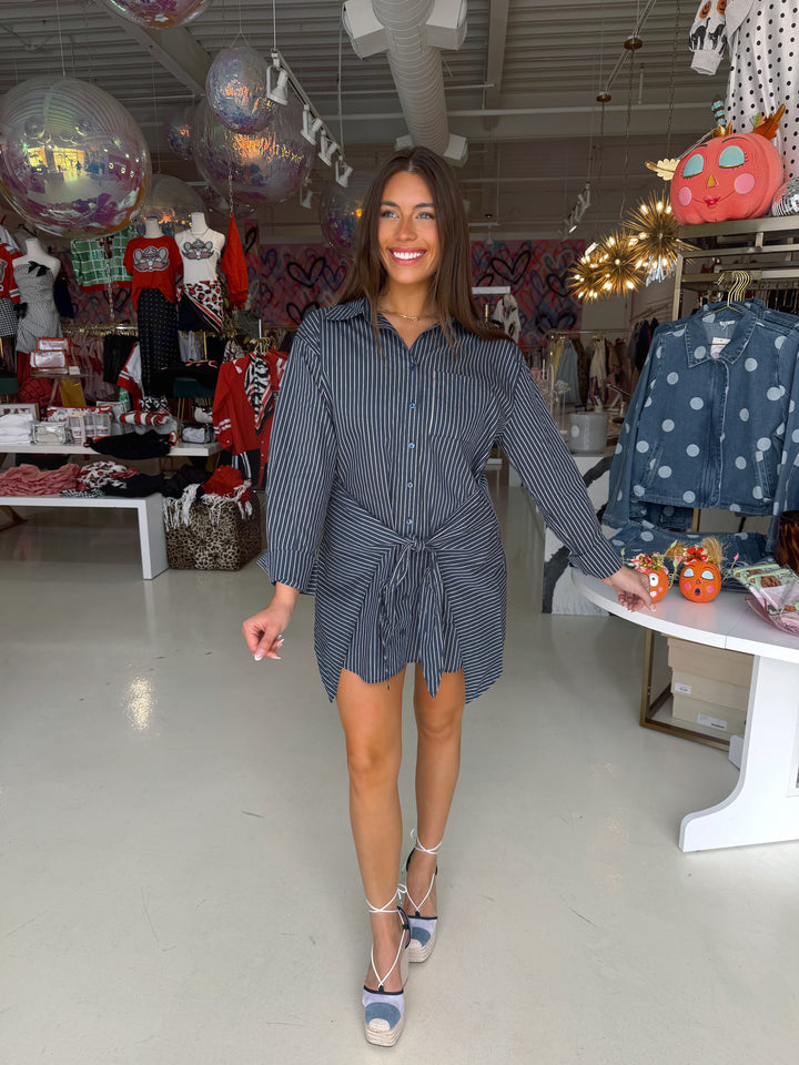 Navy Pinstripe Front Wrap Mini Dress