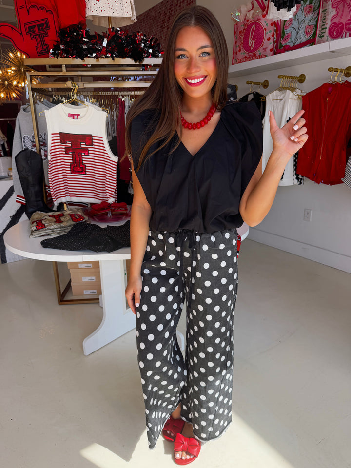 Black Poplin V Neck Bubble Top