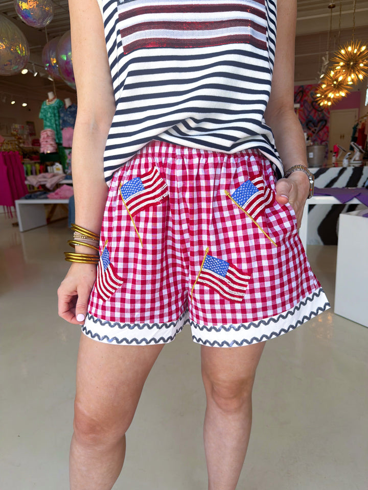 QOS Red and White American Flag Short