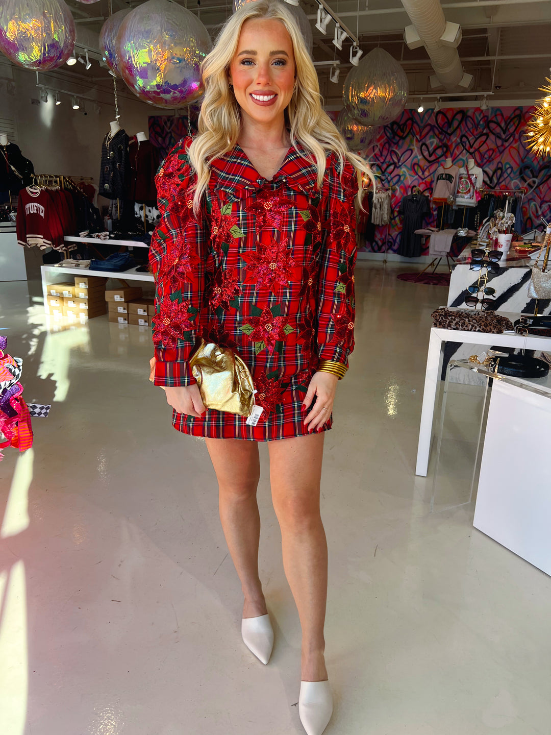 QOS Red Plaid Poinsetta Collar Poof Sleeve Dress
